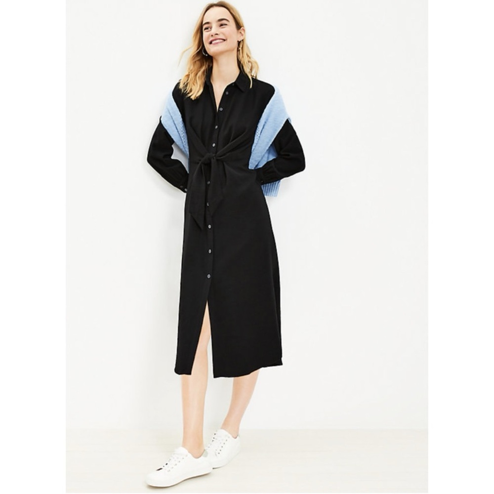 LOFT Black Knot Front Waist Midi Shirt Summer Dress